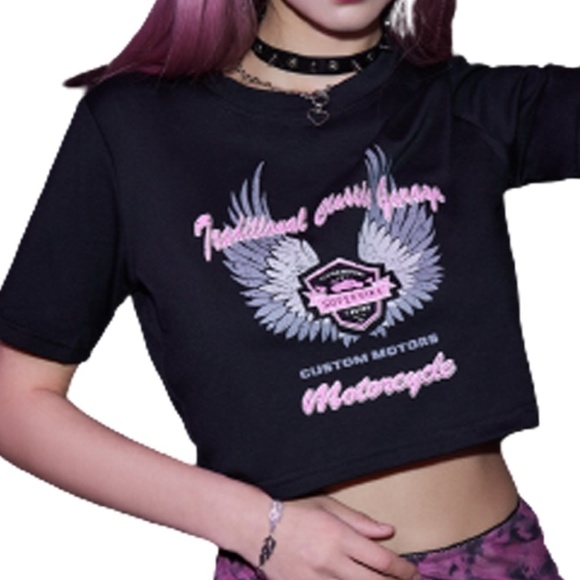 Angel Wings Biker Punk Cropped Top Tee Tank Shirt Short Sleeve Cotton NIP - Picture 6 of 11